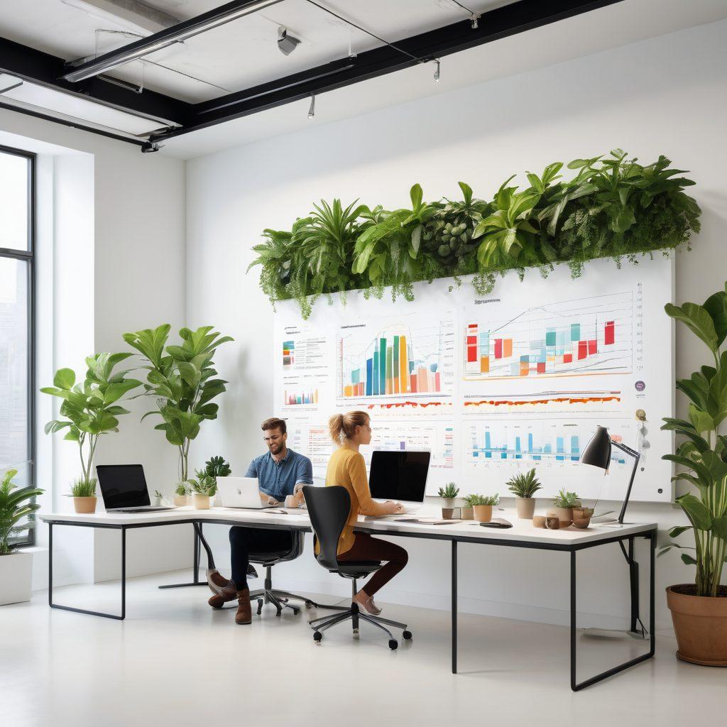 A dynamic and modern workspace with diverse individuals collaborating enthusiastically, surrounded by innovative technology and vibrant growth charts. Incorporate elements like plant life symbolizing growth and creativity, while showcasing a bright, aspirational atmosphere. The scene should capture the essence of teamwork, innovation, and potential. super-realistic. vibrant colors. white background.