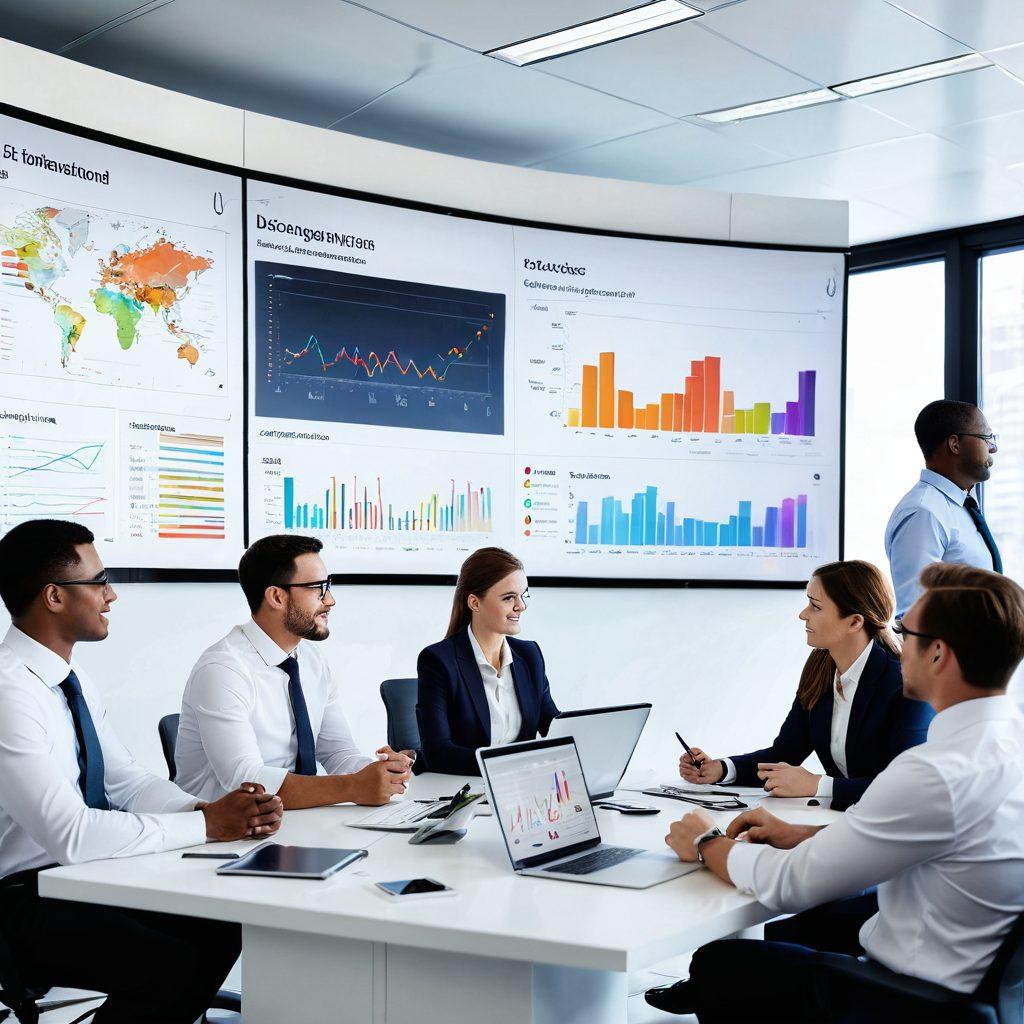 A dynamic office environment showcasing a diverse group of professionals engaged in a strategic brainstorming session. Include a large digital screen displaying insightful graphs and analytics, with a bright, modern aesthetic. Each person exhibits focused expressions, emphasizing collaboration and expertise. The background features elements of innovation like charts and a vision board. super-realistic. vibrant colors. white background.