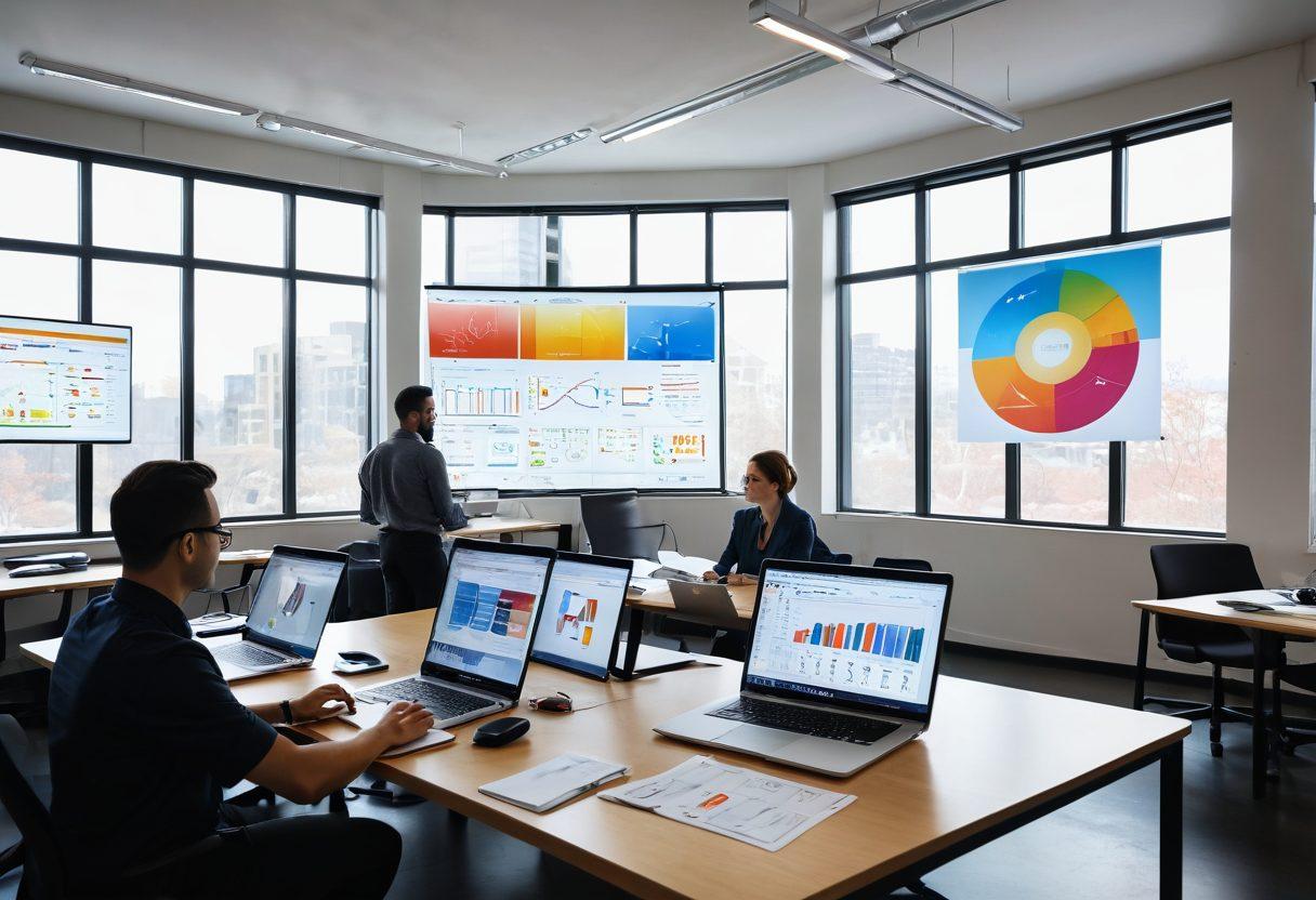 A vibrant, modern office scene showcasing a diverse team engaged in a brainstorming session, with colorful charts and digital screens displaying innovative strategies. In the foreground, an open laptop shows the logo of Fugitt Solutions. Bright sunlight streams through large windows, symbolizing clarity and insight. The atmosphere is dynamic and collaborative, capturing the essence of business success. super-realistic. vibrant colors. white background.